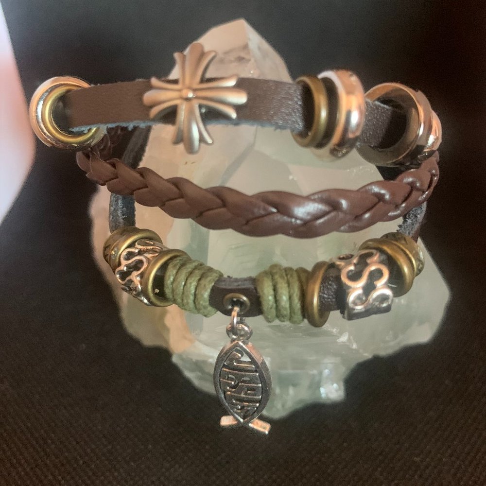 Triple Strand with Jesus Fish Unisex Leather Bracelet
